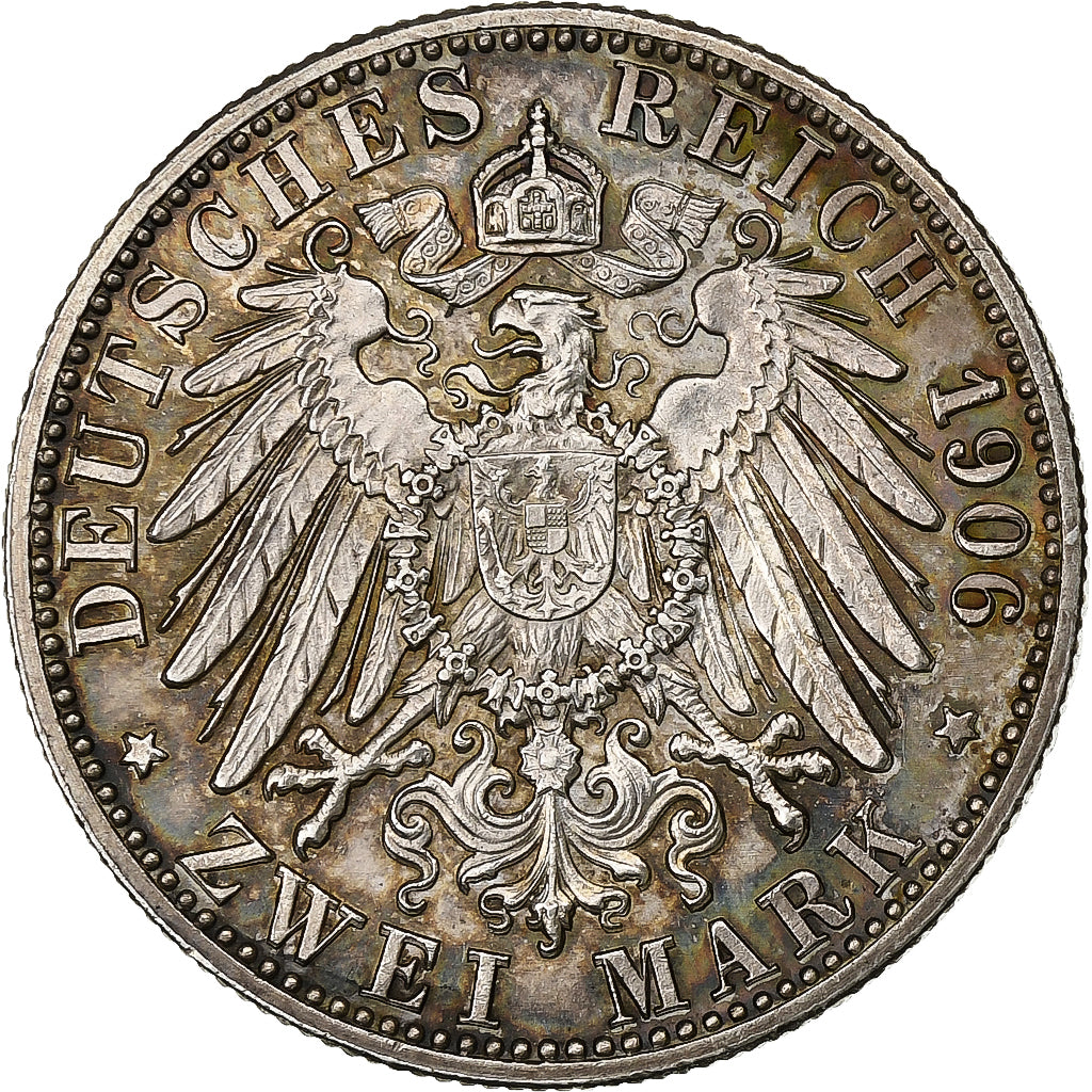 German States, BADEN, Friedrich I, 2 Mark, 1906, Baden, Silver, AU(50-53)