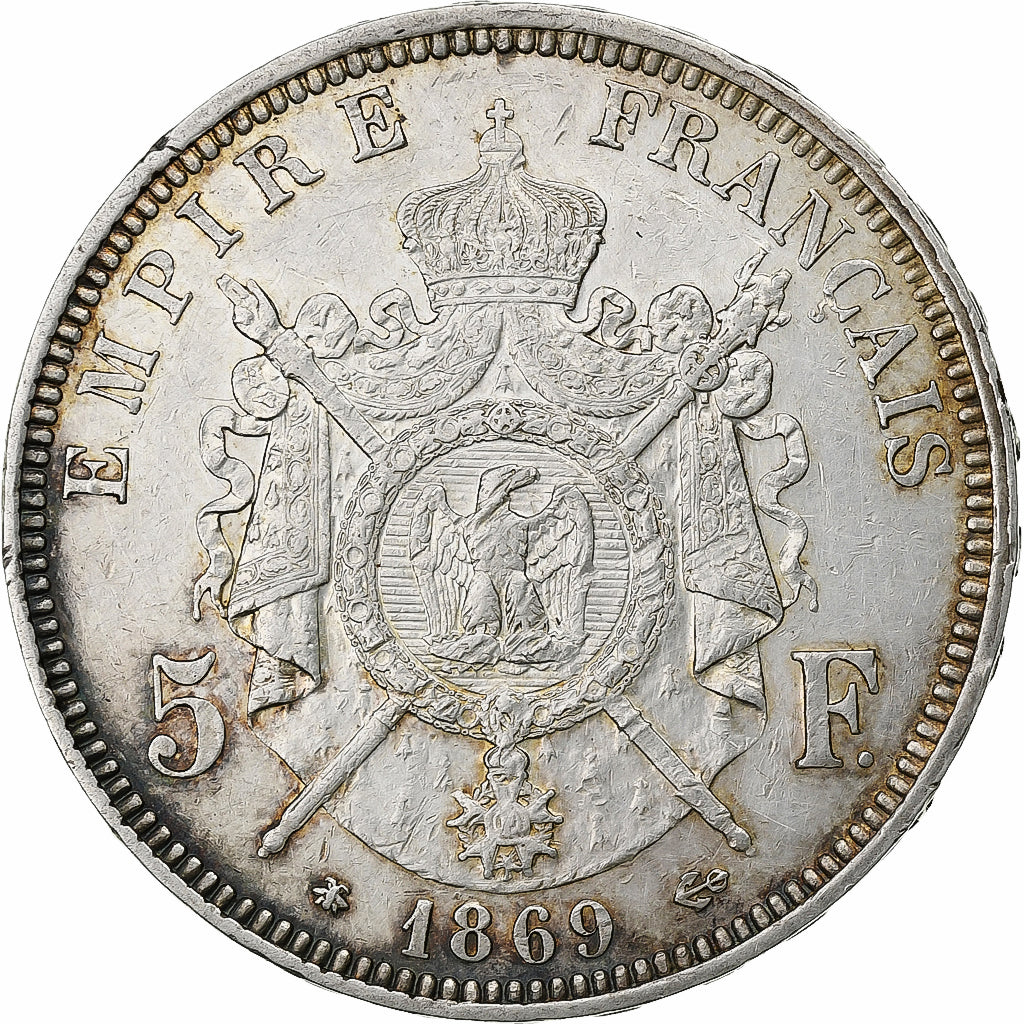 Francja, Napoleon III, 5 Francs, 1869, Paris, Srebro, EF(40-45), Gadoury:739