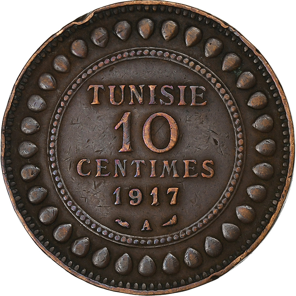 Tunisia, Muhammad al-Nasir Bey, 10 Centimes, 1917, Paris, Bronze, EF(40-45)