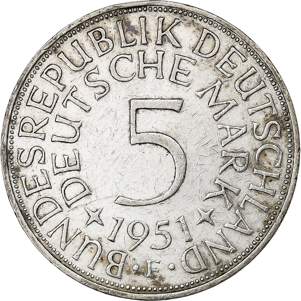 GERMANY - FEDERAL REPUBLIC, 5 Mark, 1951, Stuttgart, Silver, EF(40-45), KM:112.1