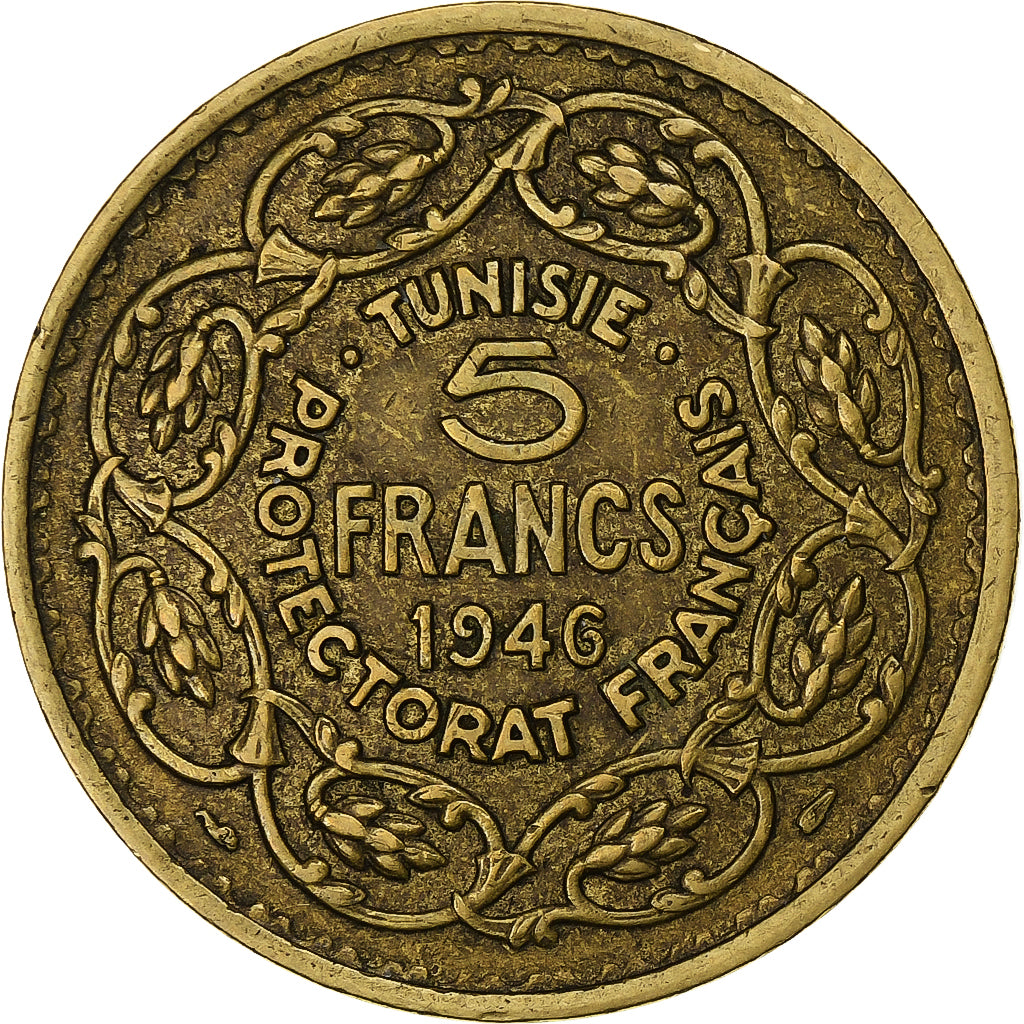 Tunisia, Muhammad al-Amin Bey, 5 Francs, AH 1365/1946, Paris, Aluminum-Bronze
