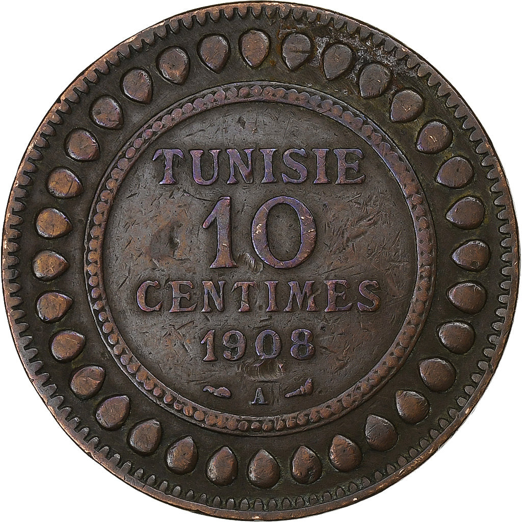 Tunisia, Muhammad al-Nasir Bey, 10 Centimes, 1908, Paris, Brązowy, EF(40-45)