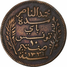 Tunisia, Muhammad al-Nasir Bey, 10 Centimes, 1916/AH1334, Paris, Bronze
