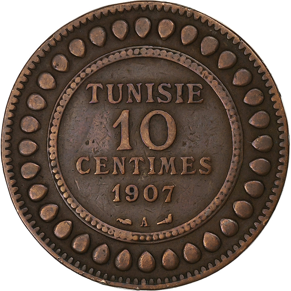 Tunísia, Muhammad al-Nasir Bey, 10 Centimes, 1907, Paris, Bronze, EF(40-45)