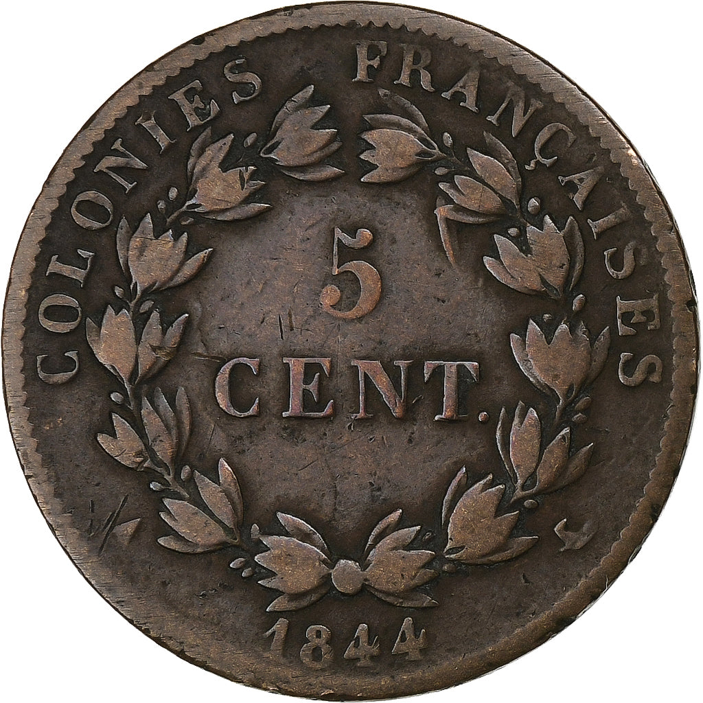 Colonie francesi, Louis - Philippe, 5 Centimes, 1844, Paris, Bronzo, MB+