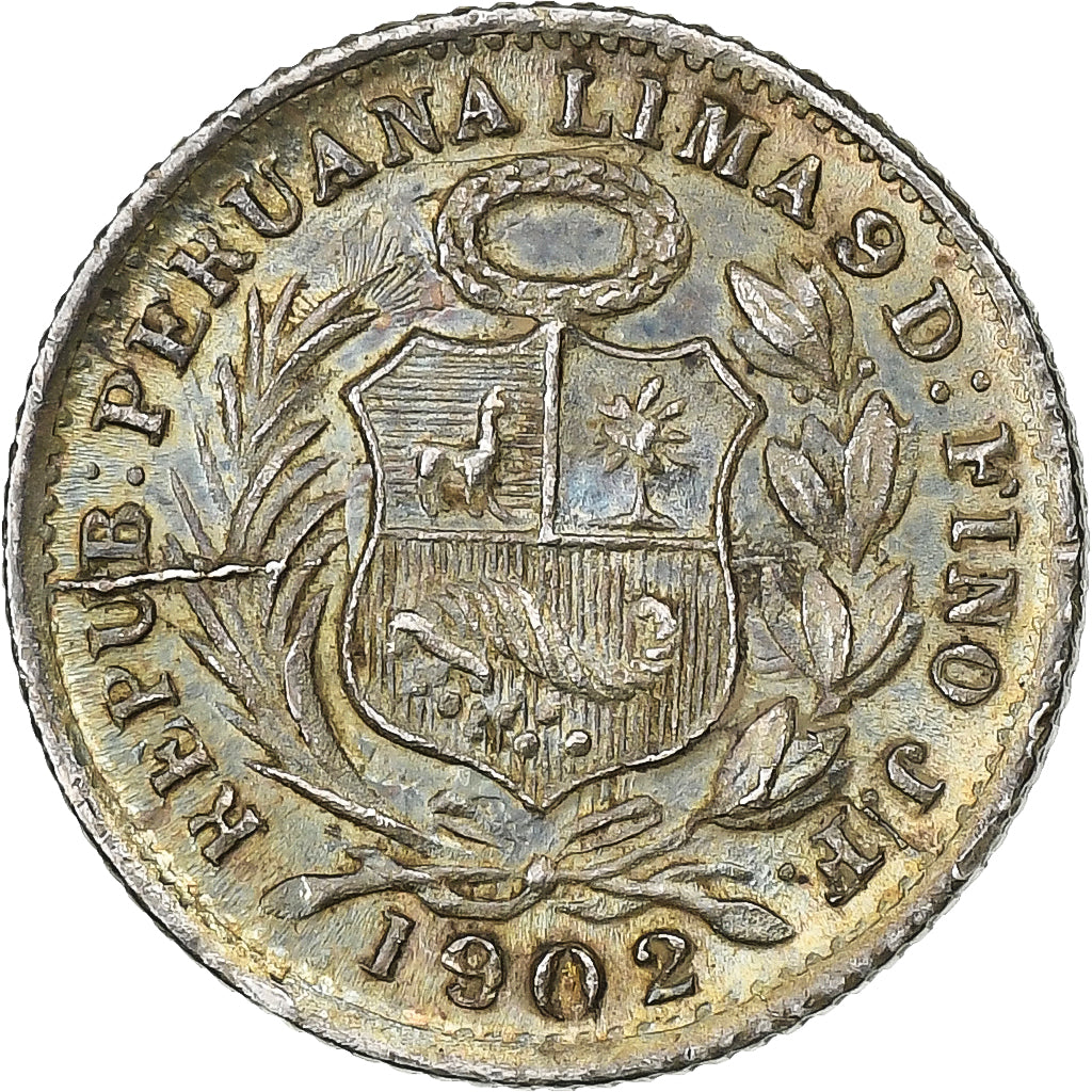 Peru, 1/2 Dinero, 1902, Lima, Silver, AU(55-58), KM:206.2