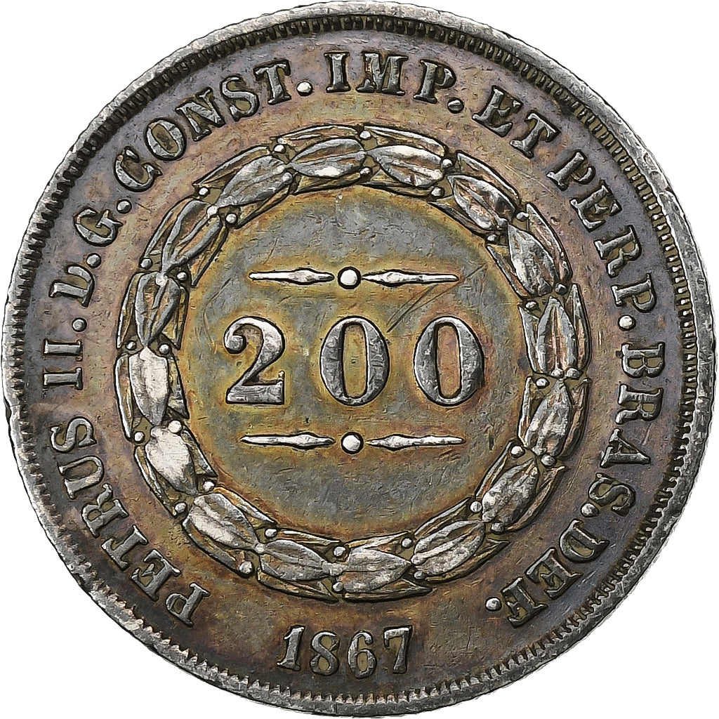 Brazil, Pedro II, 200 Reis, 1867, Silver, AU(50-53), KM:469