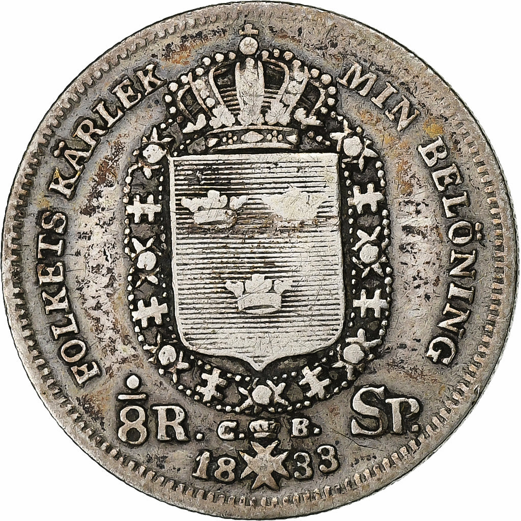 Sweden, Carl XIV Johan, 1/8 Riksdaler, 1833, Silver, VF(20-25), KM:626