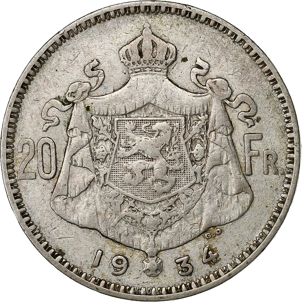 Belgium, 20 Francs, 20 Frank, 1934, Silver, EF(40-45), KM:104.1