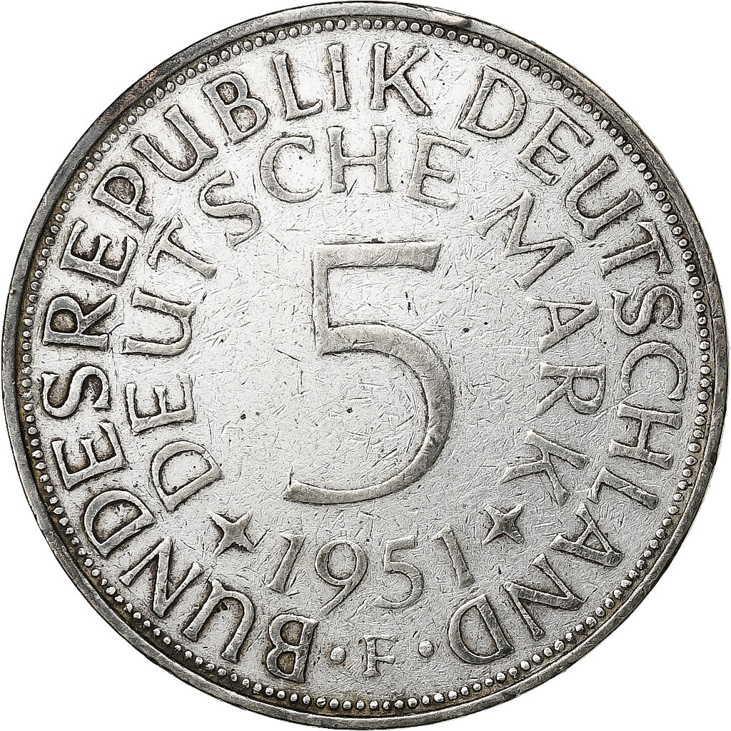 GERMANY - FEDERAL REPUBLIC, 5 Mark, 1951, Stuttgart, Silver, VF(30-35), KM:112.1