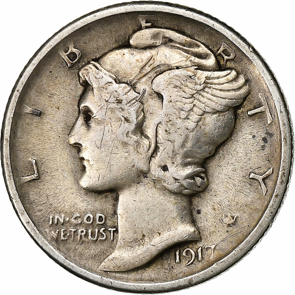 États-Unis, Dime, Mercury Dime, 1917, Philadelphie, Argent, TTB, KM:140