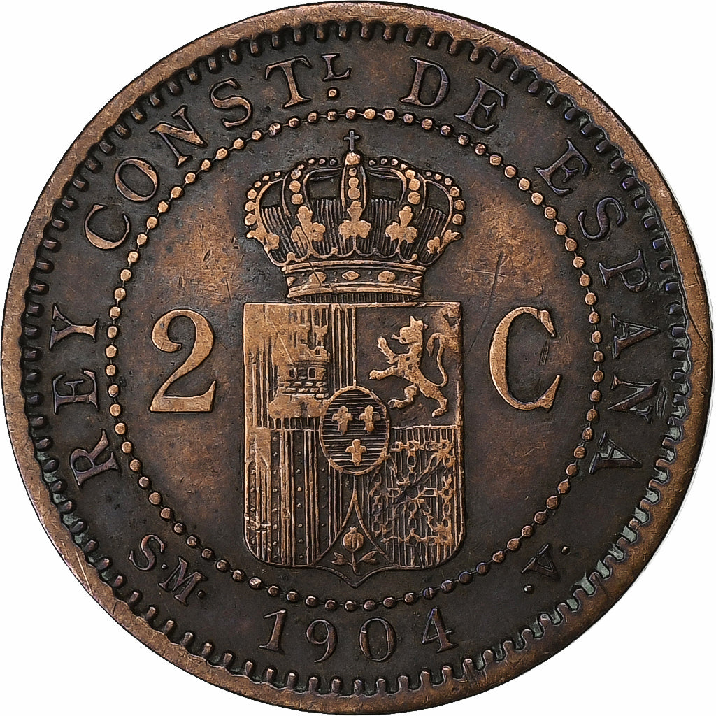 Spain, Alfonso XIII, 2 Centimos, 1904, Valencia, Copper, EF(40-45), KM:722