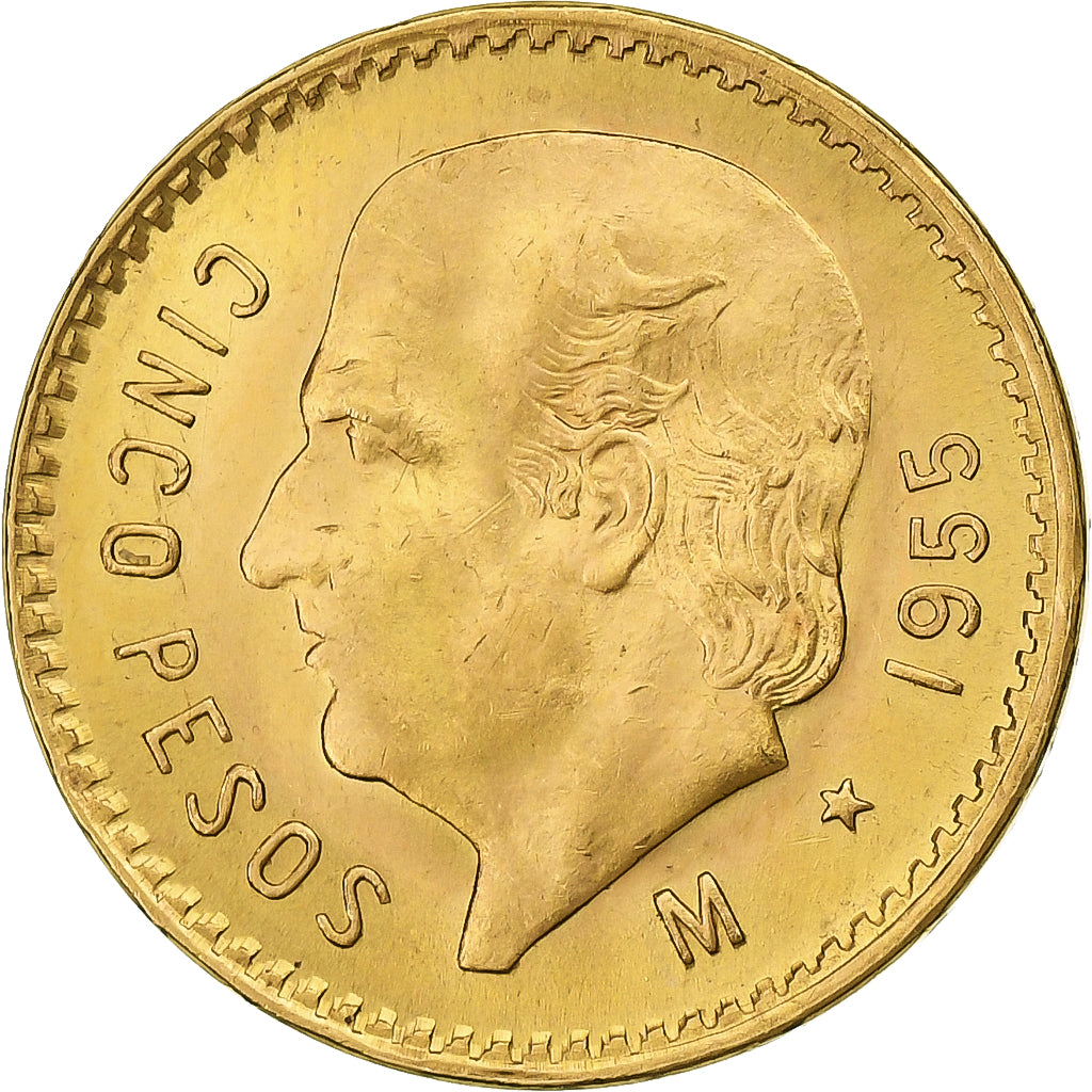 Mexiko, 5 Pesos, 1955, Mexico City, Gold, VZ, KM:464
