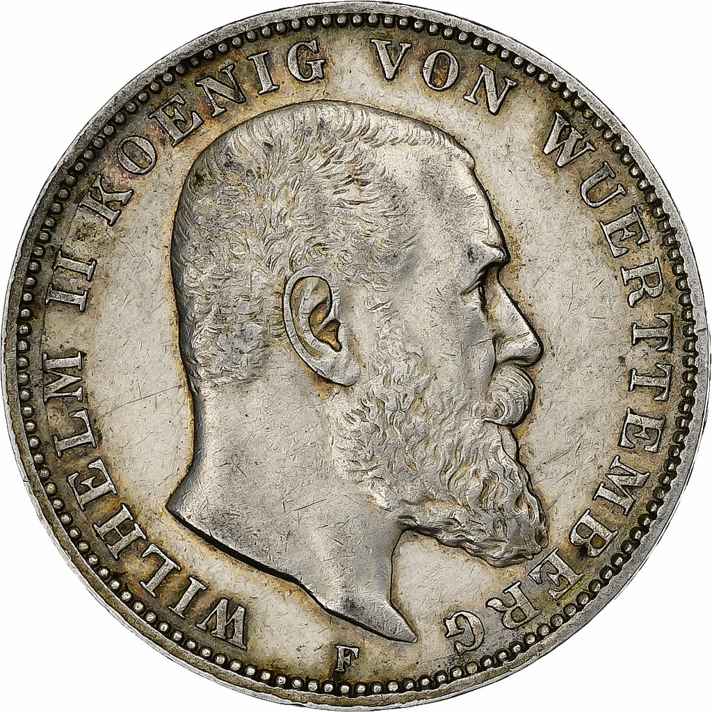 German States, WURTTEMBERG, Wilhelm II, 3 Mark, 1908, Freudenstadt, Silver