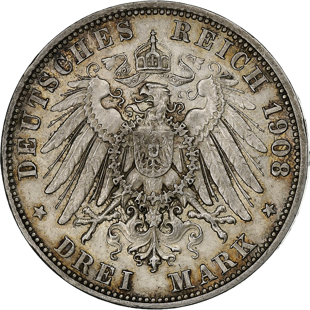 German States, WURTTEMBERG, Wilhelm II, 3 Mark, 1908, Freudenstadt, Silver