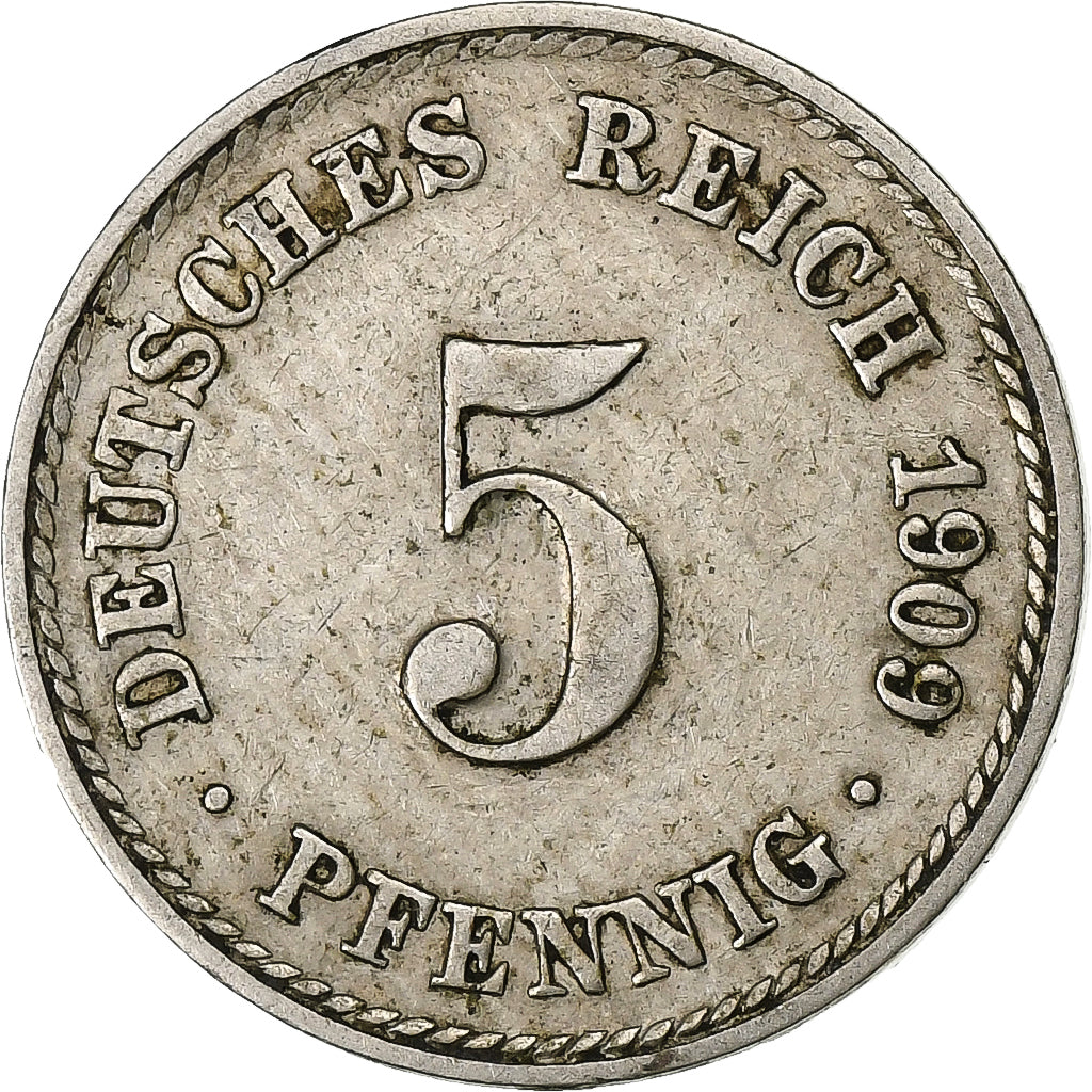 NIEMCY - IMPERIUM, Wilhelm II, 5 Pfennig, 1909, Berlin, Miedź-Nikiel