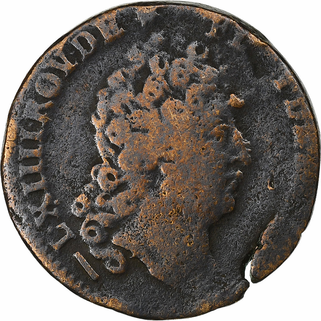 França, Louis XIV, Liard, Lille, Cobre, F(12-15), Gadoury:82, KM:543.11