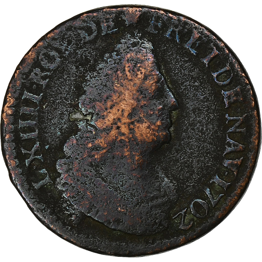 França, Louis XIV, Liard de France, 1702, Lille, Cobre, F(12-15), KM:284.22