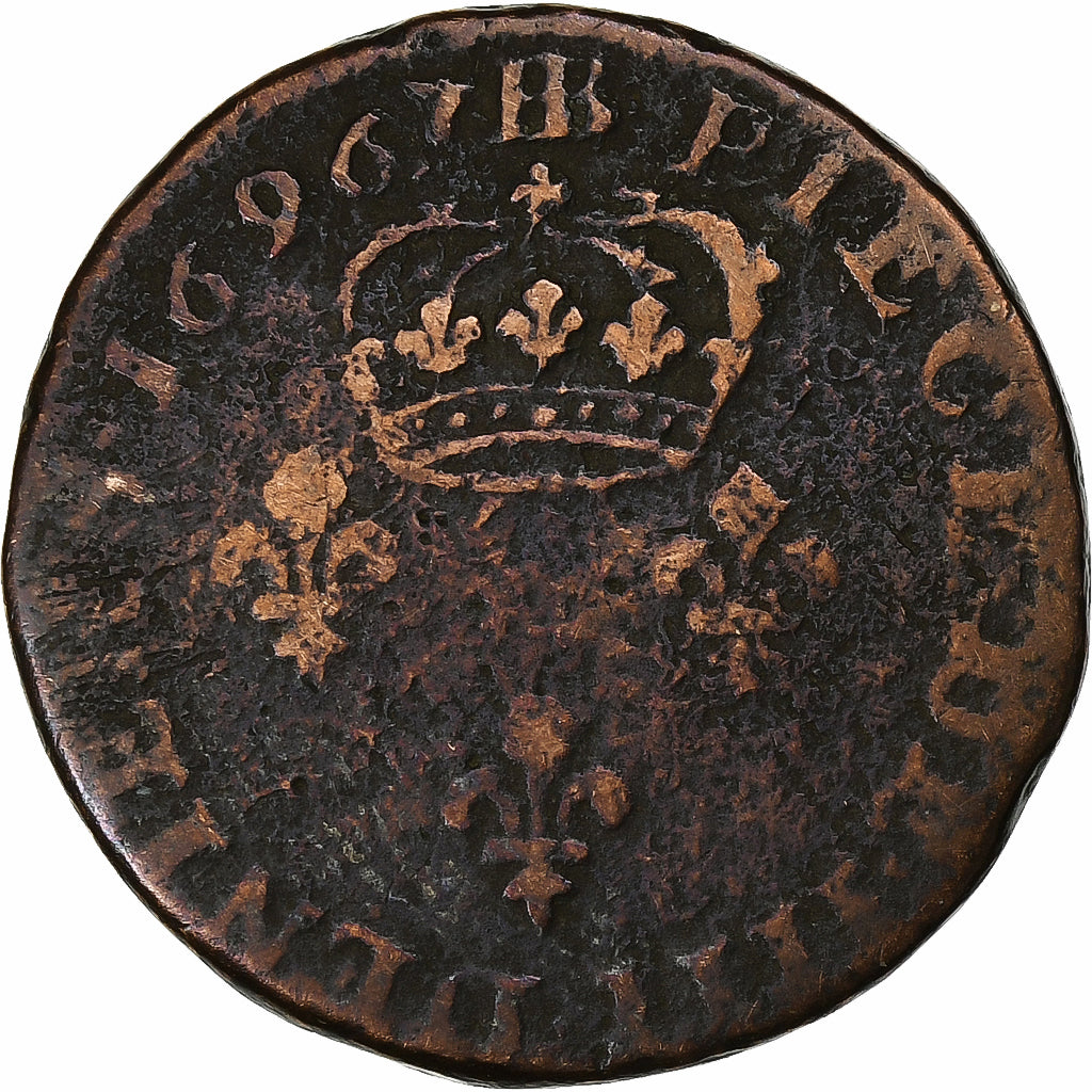 France, Louis XIV, Quatre deniers de Strasbourg, 1696, Strasbourg, Cuivre, B+
