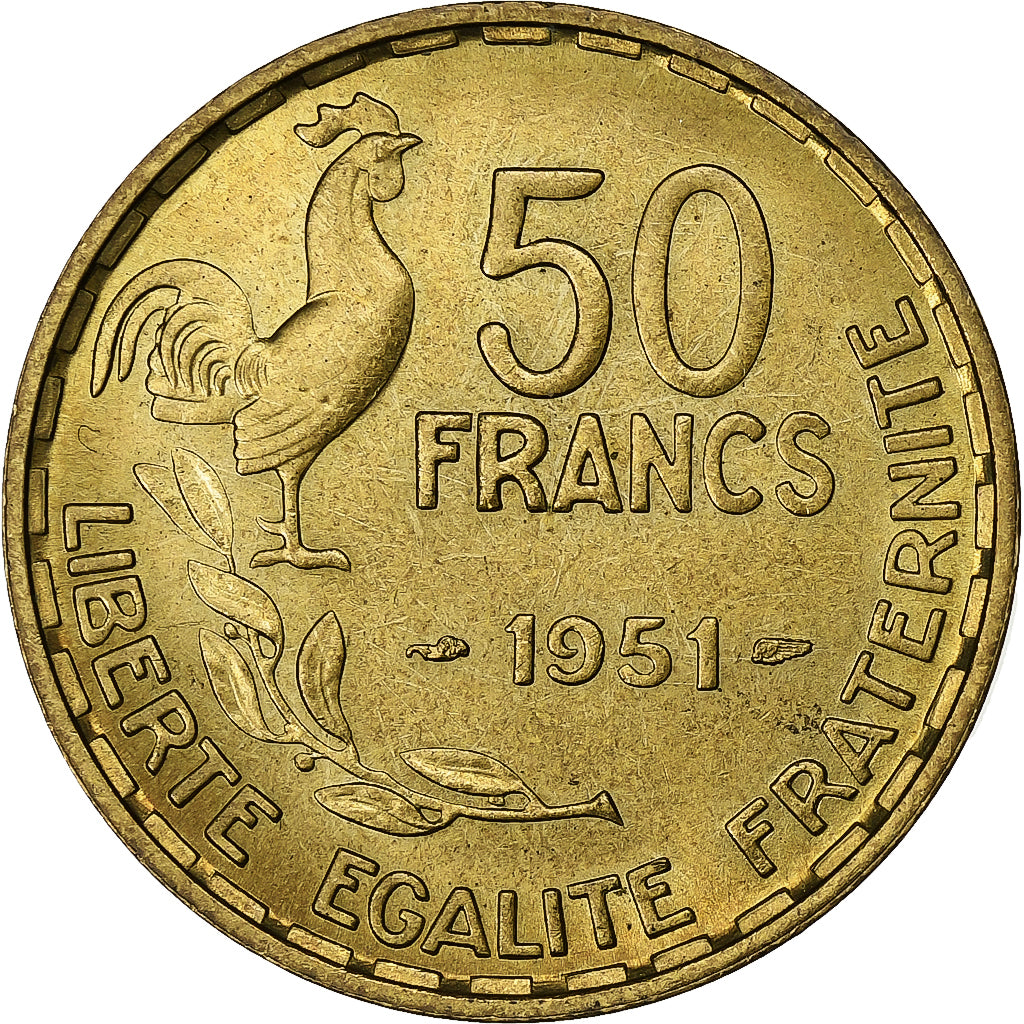 France, 50 Francs, Guiraud, 1951, Paris, Aluminum-Bronze, AU(55-58)