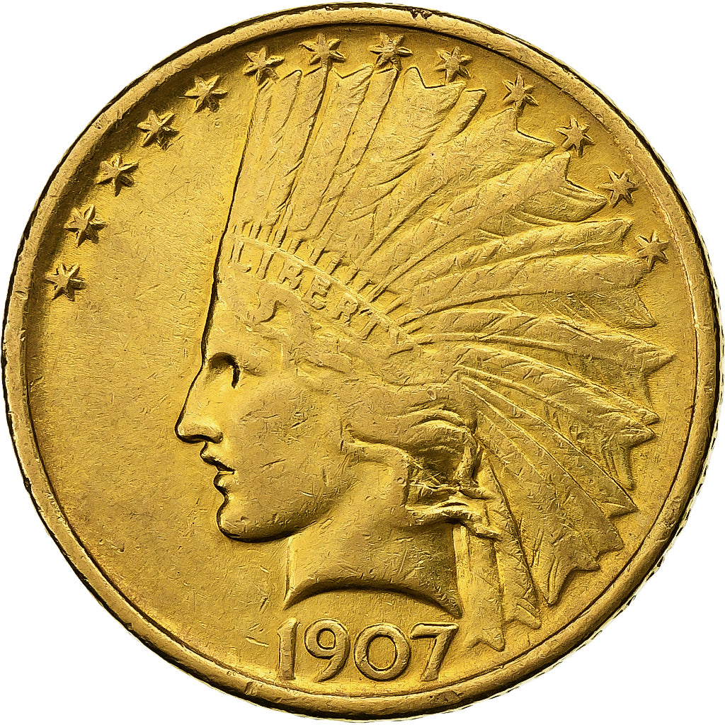 Estados Unidos da América, $10, Eagle, Indian Head, 1907, U.S. Mint, Dourado