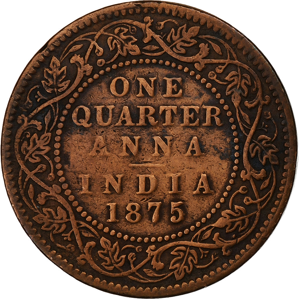 INDIA-BRITISH, Victoria, 1/4 Anna, 1875, Calcutta, Copper, VF(30-35), KM:467