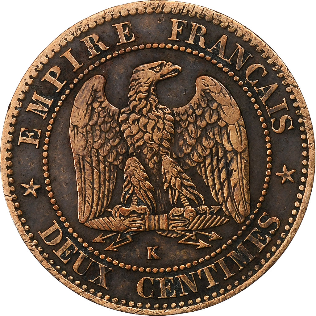 Frankrijk, Napoleon III, 2 Centimes, 1862, Bordeaux, Bronzen, ZF, Gadoury:104