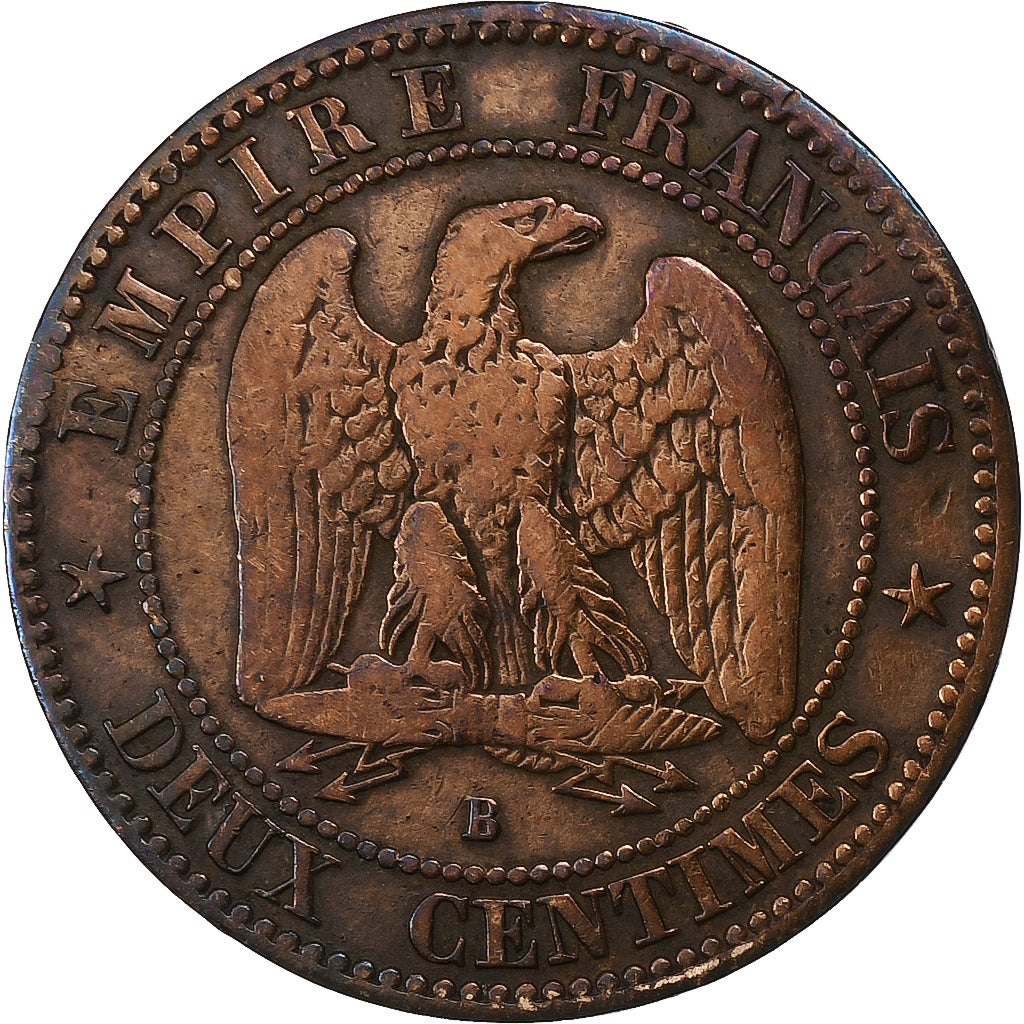 Francja, Napoleon III, 2 Centimes, 1854, Rouen, Brązowy, VF(20-25)