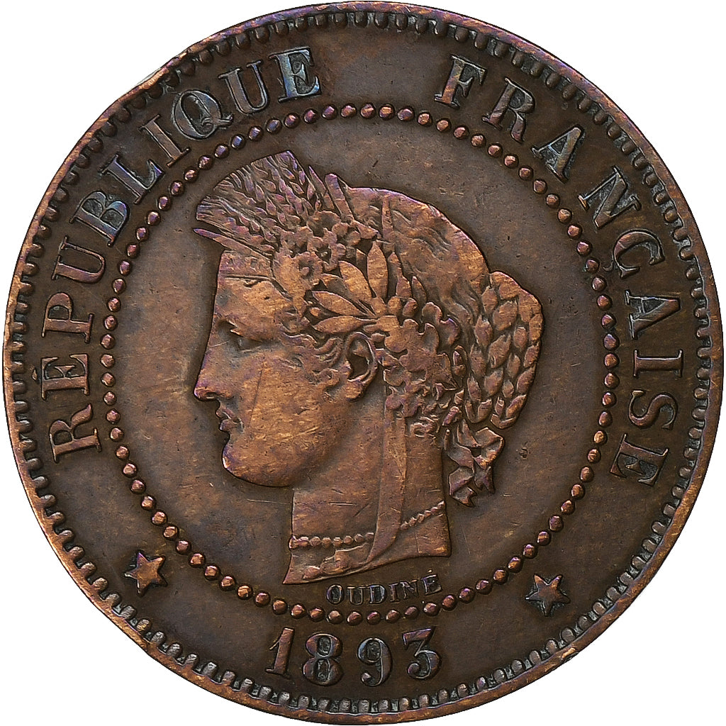 França, 2 Centimes, Cérès, 1893, Paris, Bronze, AU(55-58), Gadoury:105