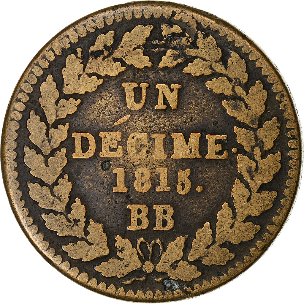 França, Decime, Louis XVIII, 1815, Strasbourg, Bronze, VF(20-25), Gadoury:196d