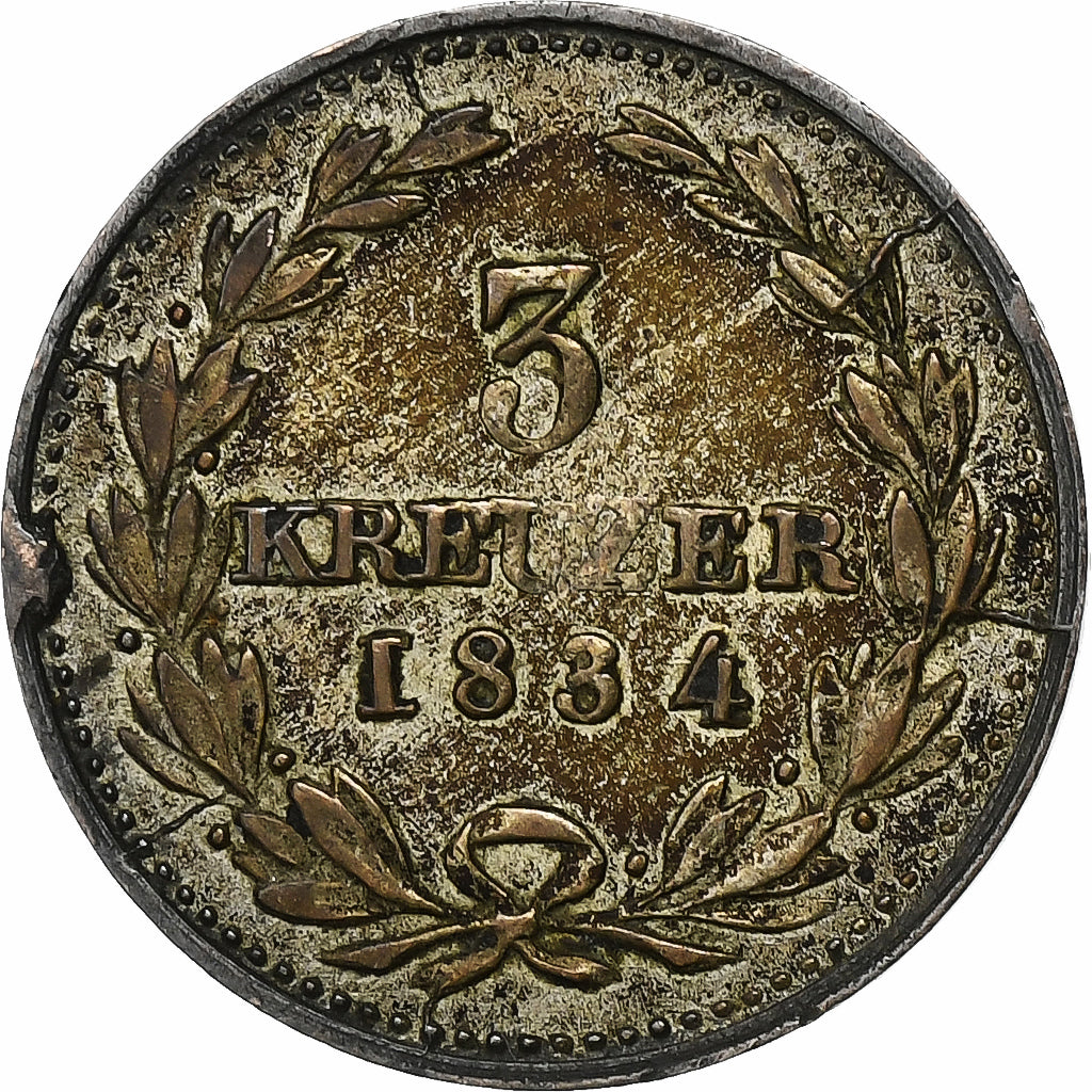 Duitse staten, BADEN, Ludwig I, 3 Kreuzer, 1834, Zilver, FR+, KM:199