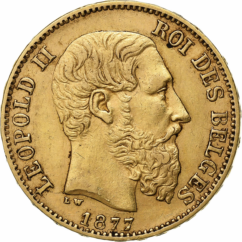 Bélgica, Leopold II, 20 Francs, 20 Frank, 1877, Oro, MBC, KM:37