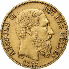 Bélgica, Leopold II, 20 Francs, 20 Frank, 1877, Oro, MBC, KM:37