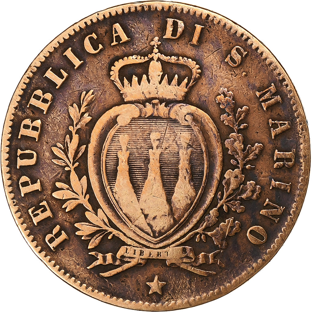 San Marino, 5 Centesimi, 1869, Milan, Copper, VF(30-35), KM:1