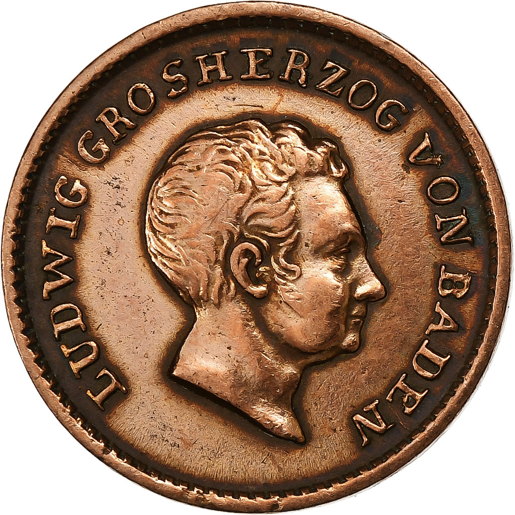 German States, BADEN, Ludwig I, 1/2 Kreuzer, 1829, Baden, Copper, EF(40-45)