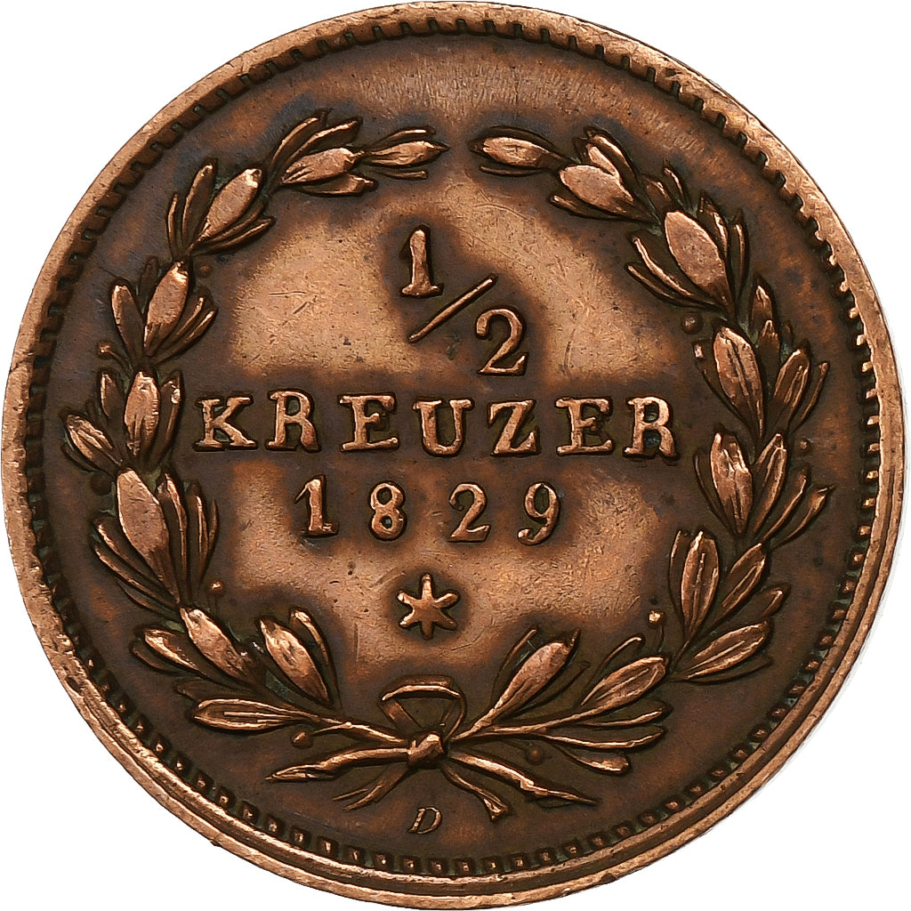 German States, BADEN, Ludwig I, 1/2 Kreuzer, 1829, Baden, Copper, EF(40-45)