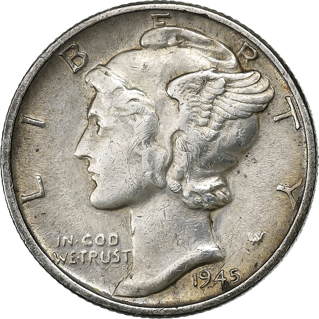 États-Unis, Dime, Mercury Dime, 1945, U.S. Mint, Argent, TTB, KM:140