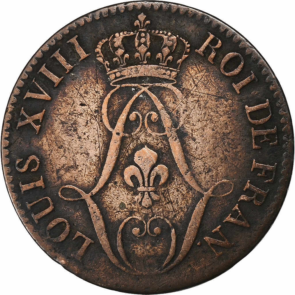 FRENCH GUIANA, Louis XVIII, 10 Centimes, 1818, Paris, Billon, VF(20-25)