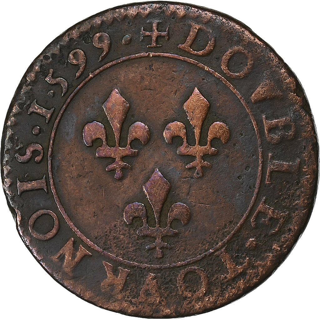 France, Henry IV, Double Tournois, 1599, Paris, Cuivre, TB, Gadoury:538