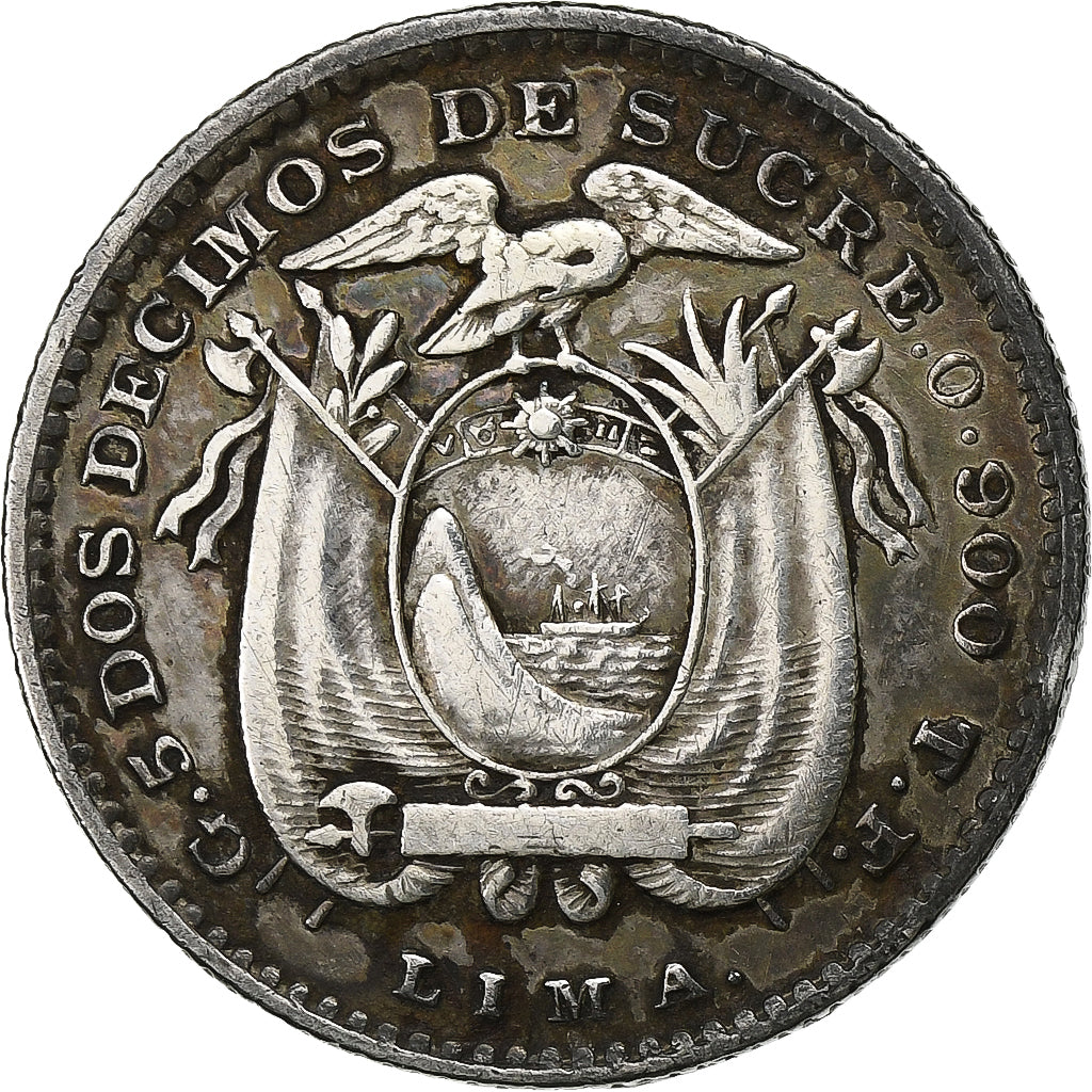 Équateur, 2 Decimos, Dos, 1894, Lima, Argent, TB+, KM:51.3