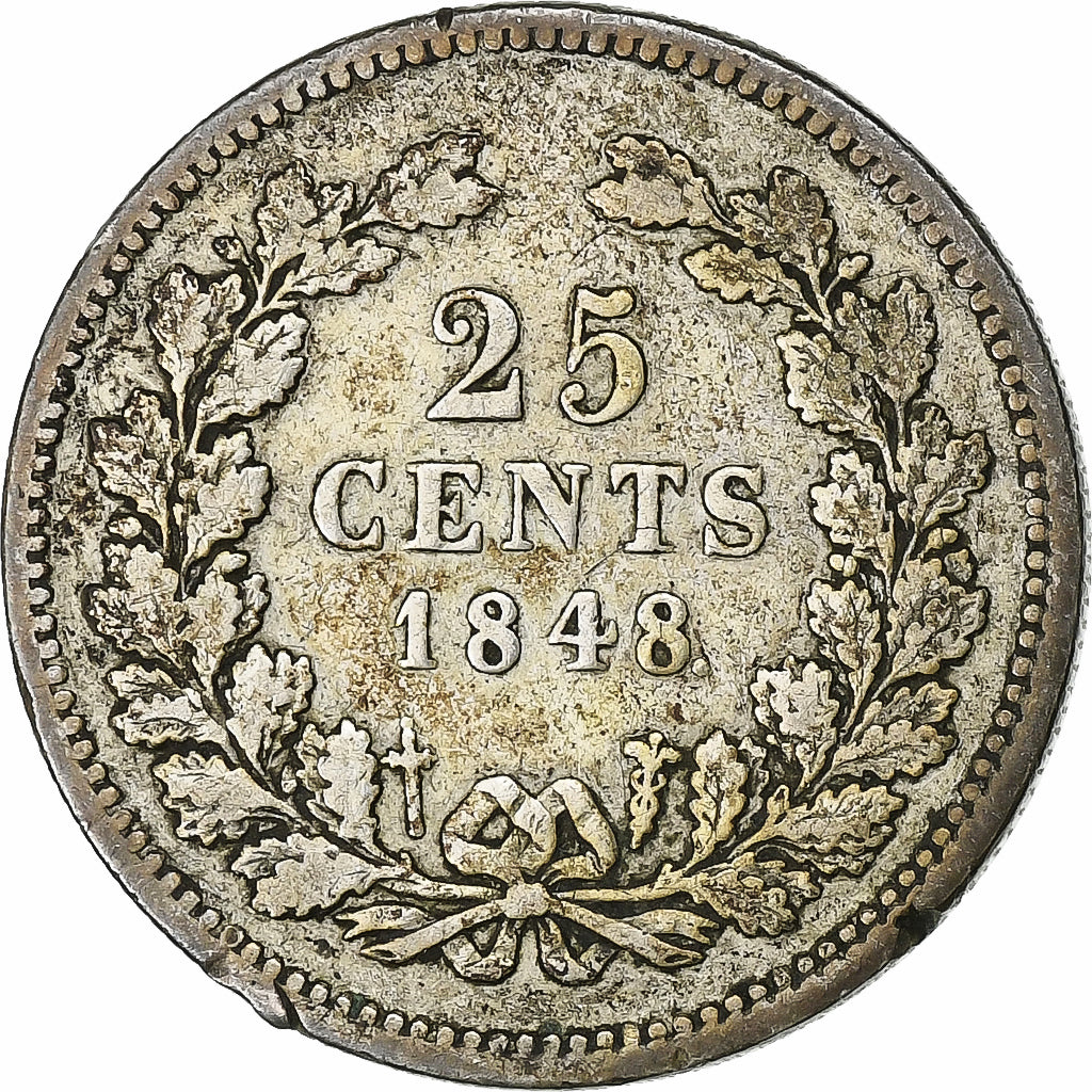 Países Bajos, William II, 25 Cents, 1848, Plata, BC+, KM:76