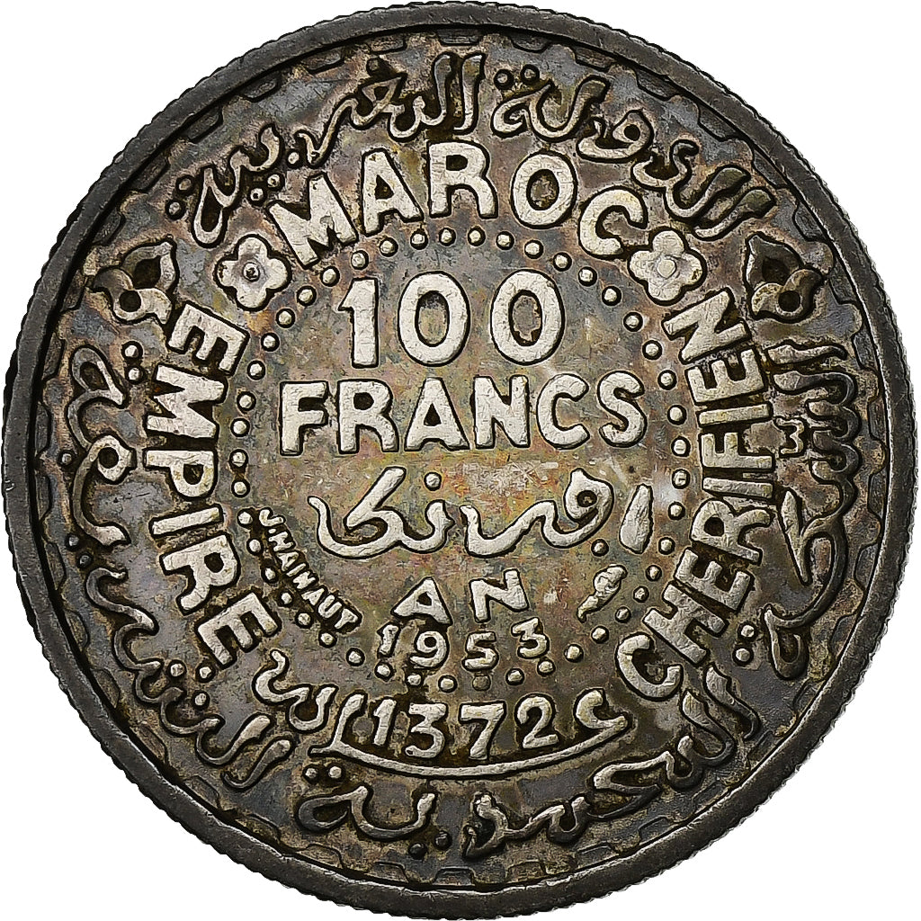 Morocco, Mohammed V, 100 Francs, AH 1372/1953, Paris, Silver, AU(50-53)