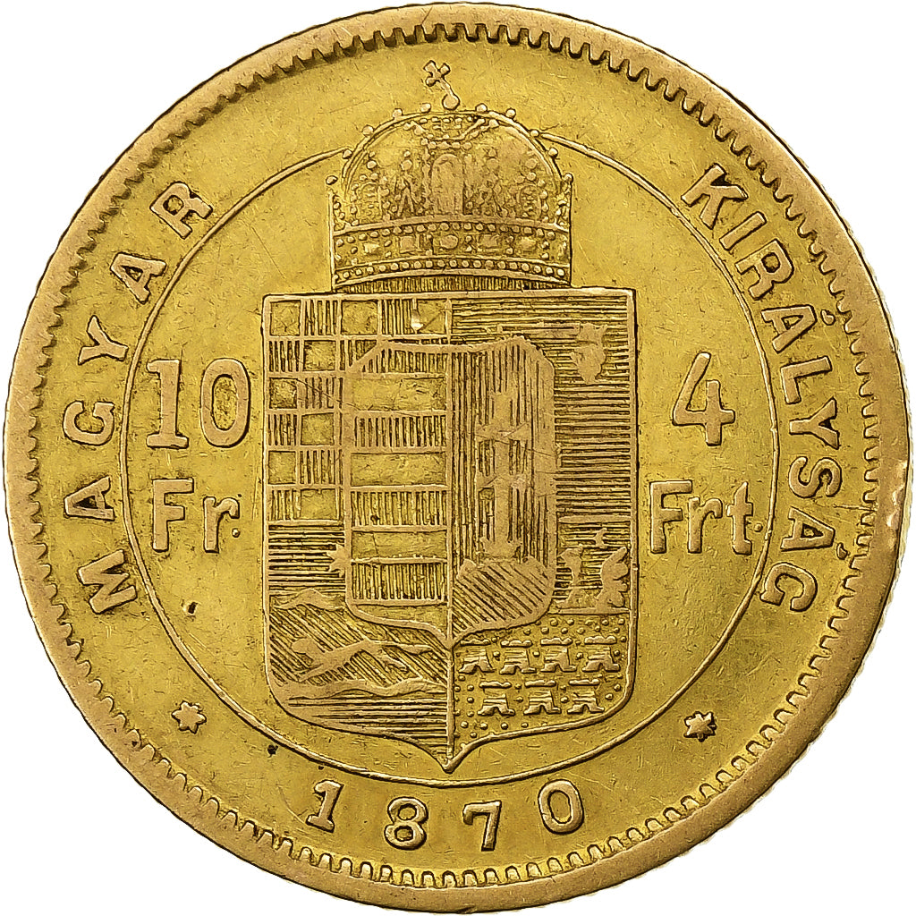Hungría, Franz Joseph I, 4 Forint 10 Francs, 1870, Kormoczbanya, Oro, MBC