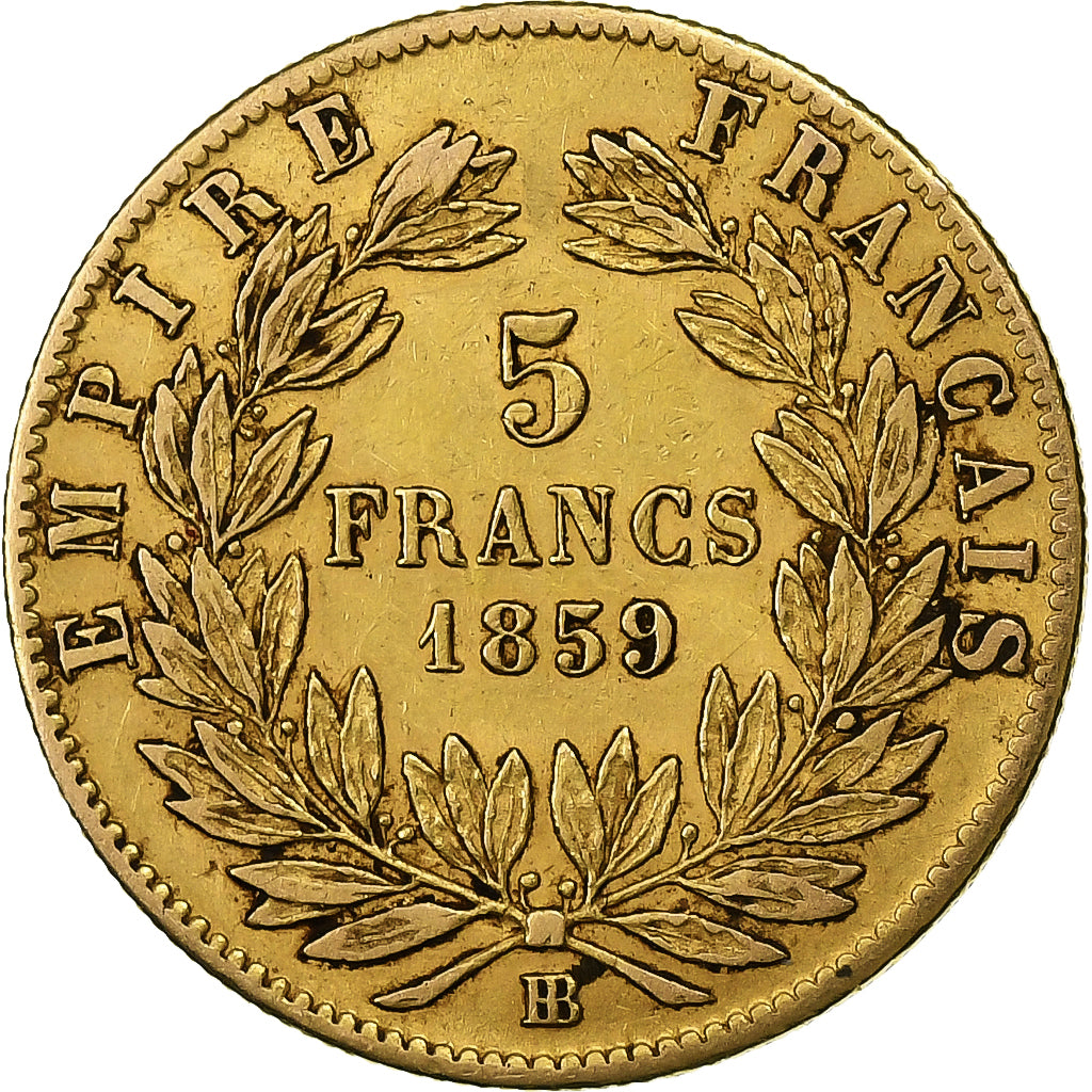 França, Napoleon III, 5 Francs, 1859, Strasbourg, Dourado, VF(30-35), KM:787.2