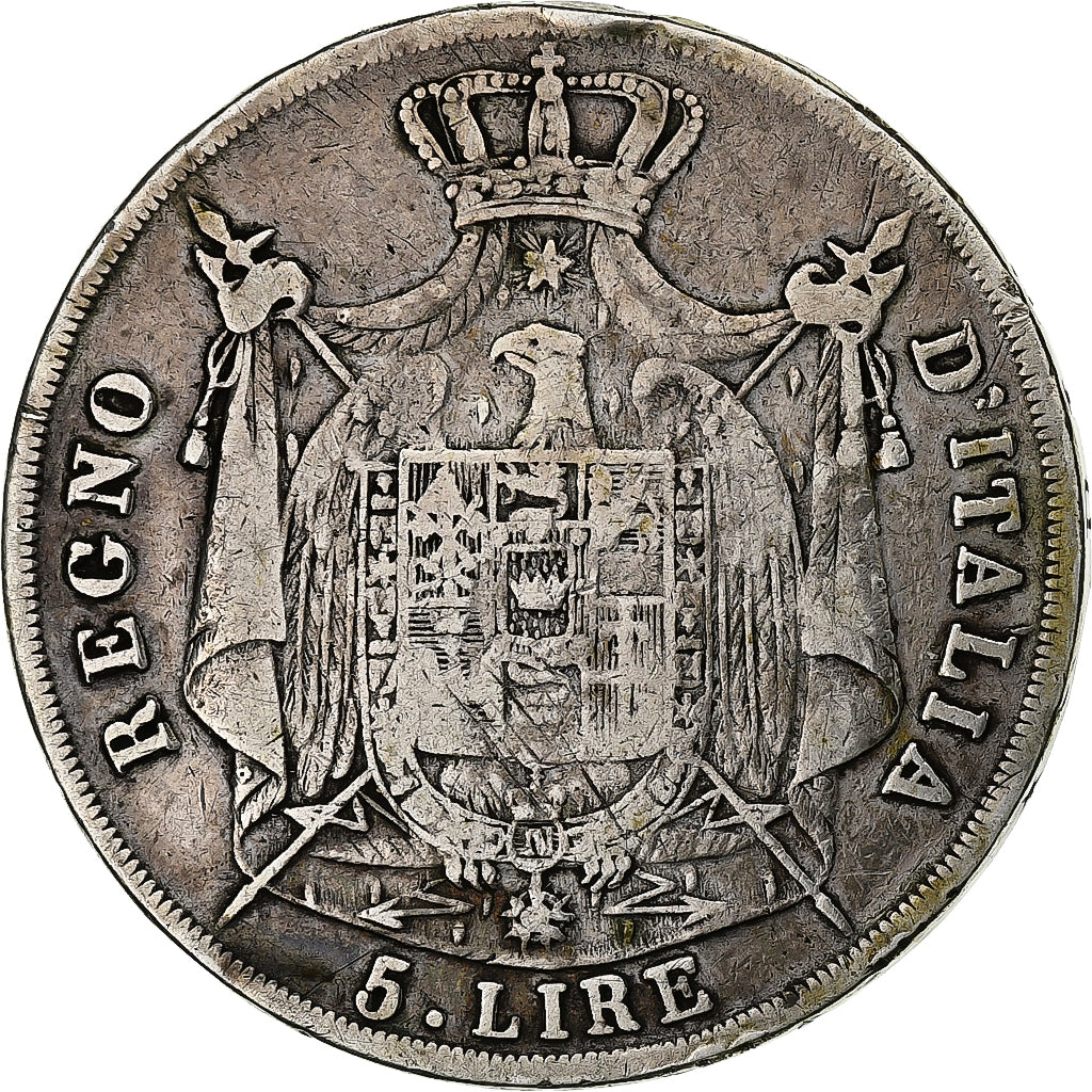 Italiaanse staten, KINGDOM OF NAPOLEON, Napoleon I, 5 Lire, 1808, Milan, Zilver