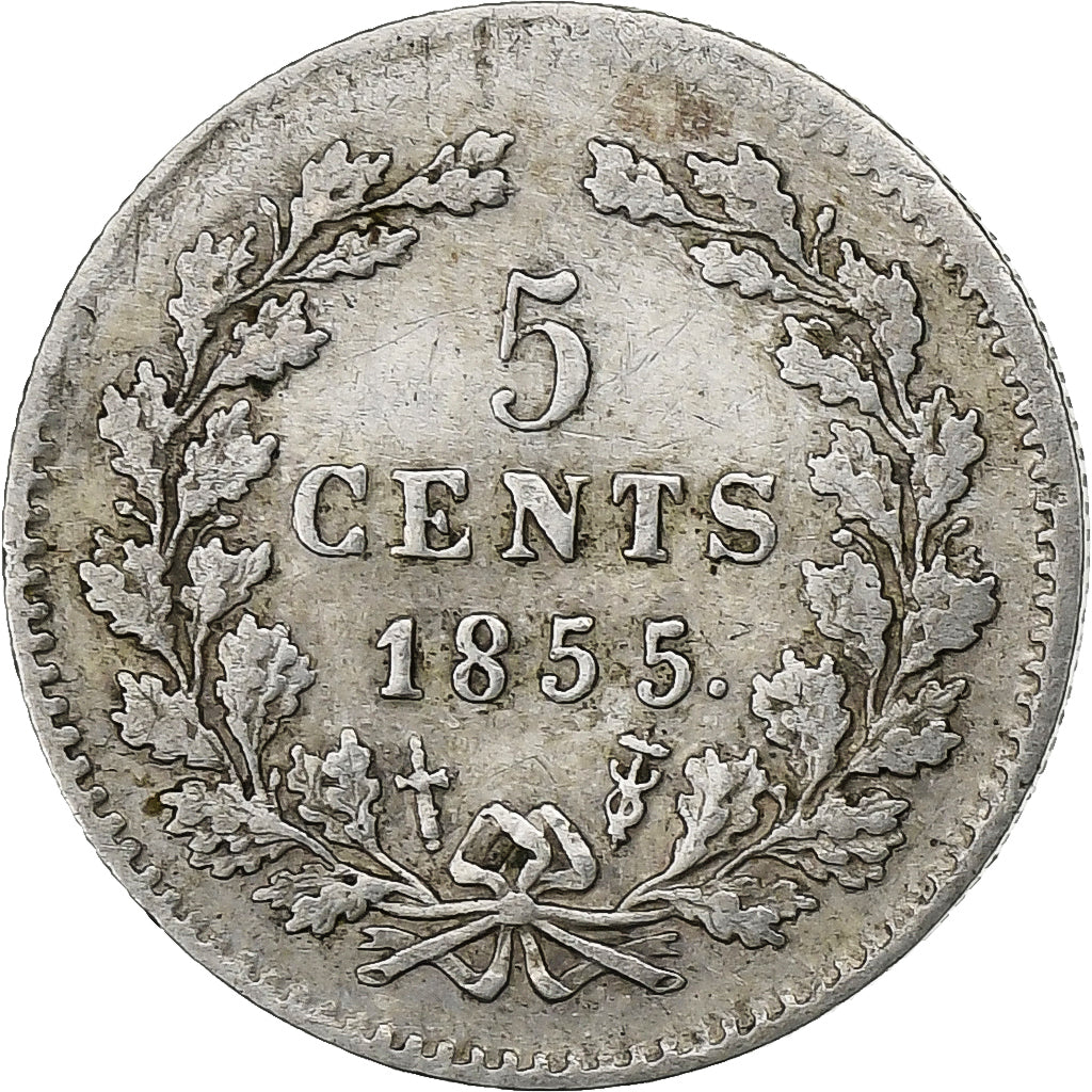 Países Baixos, William III, 5 Cents, 1855, Prata, EF(40-45), KM:91
