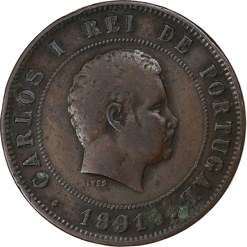 Portogallo, Carlos I, 20 Reis, 1891, Bronzo, MB+, KM:533