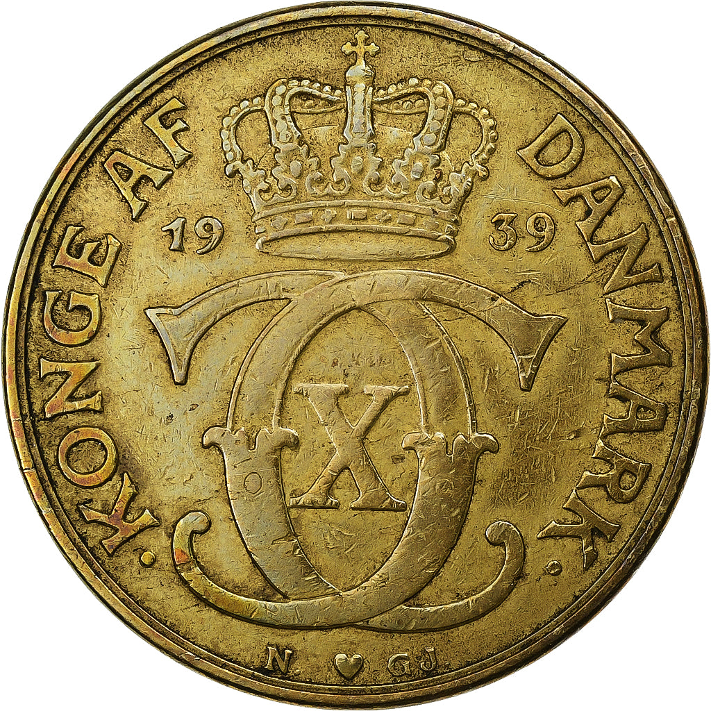 Danimarca, Christian X, 2 Kroner, 1939, Copenhagen, Alluminio-bronzo, BB
