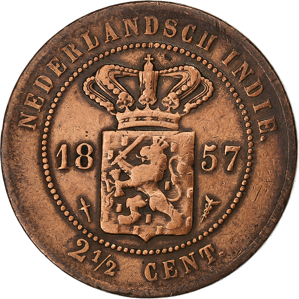 INDIAS ORIENTALES HOLANDESAS, Wilhelmina I, 2-1/2 Cents, 1857, Utrecht, Cobre