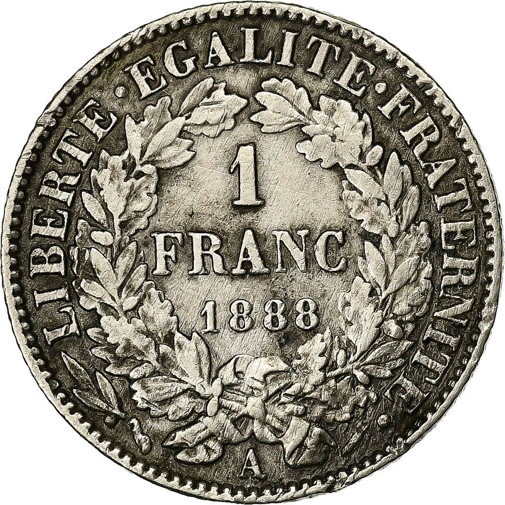 França, Franc, Cérès, 1888, Paris, Prata, VF(30-35), Gadoury:465a, KM:822.1
